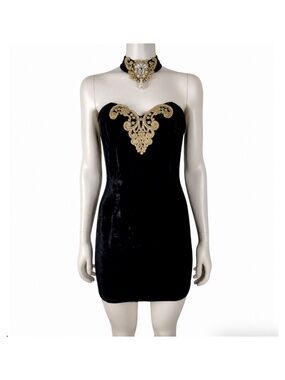 Vintage Jessica McClintock Gunne Sax Velvet Mini Dress Black Gold Choker Jr 9/10